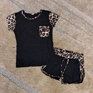Leopard Print Kids Shirt & Shorts Set - Black